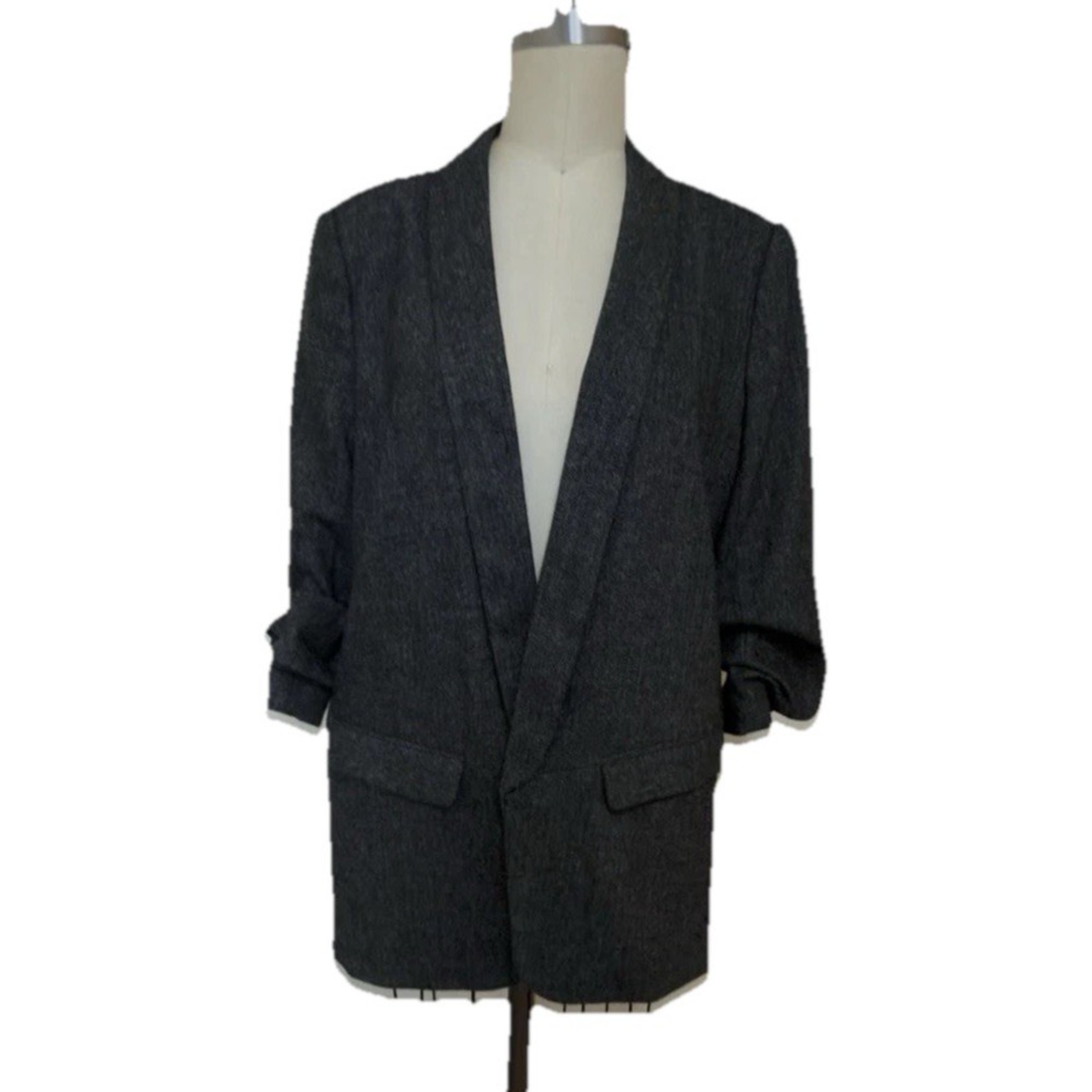 Zara Woman XL Gray Herringbone Ruched Sleeves Blazer Preppy Staple Classic $119 - Picture 2 of 13